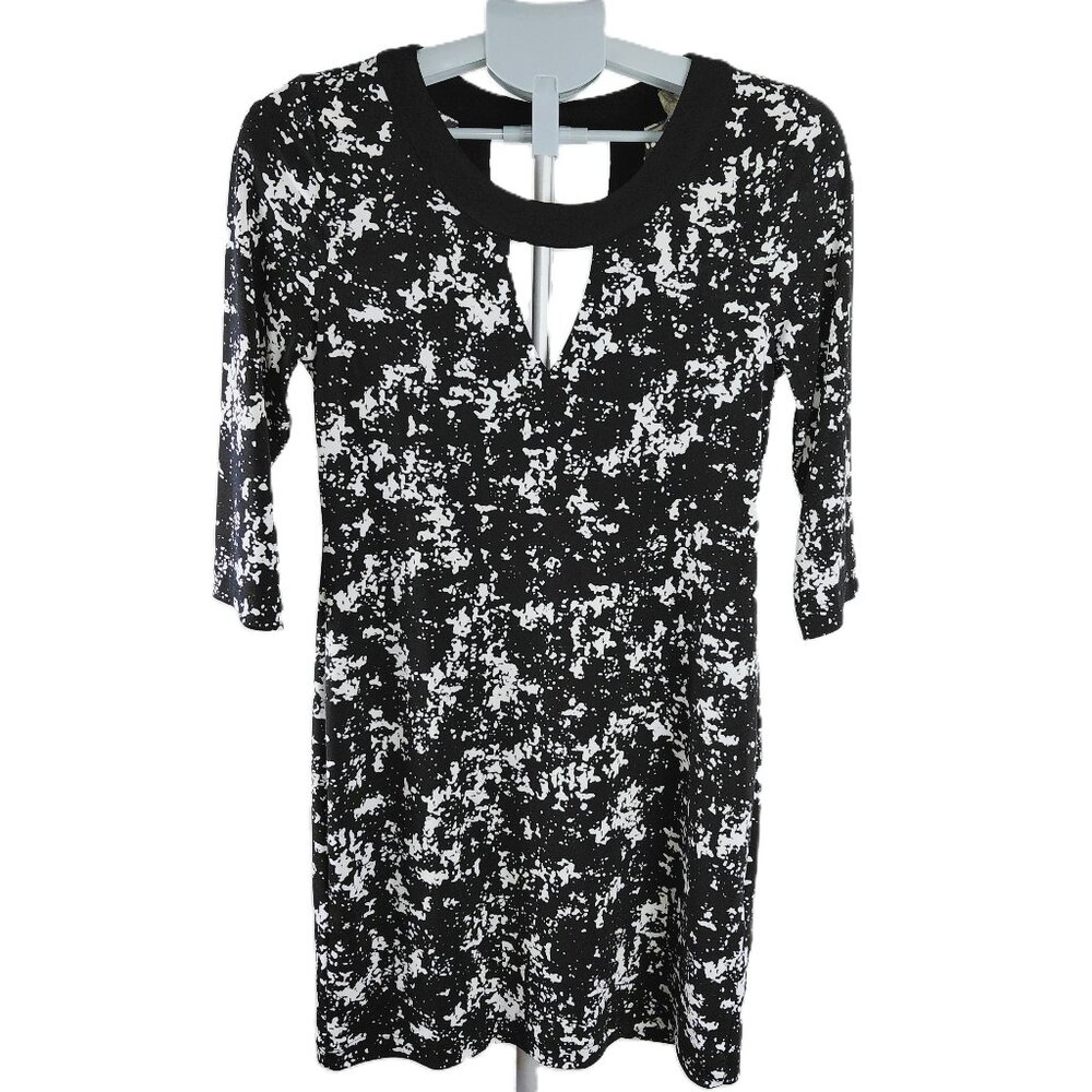 Banana Republic Stretch Sheath Dress Women's XS Black White Splatter 3/4 Sleeves